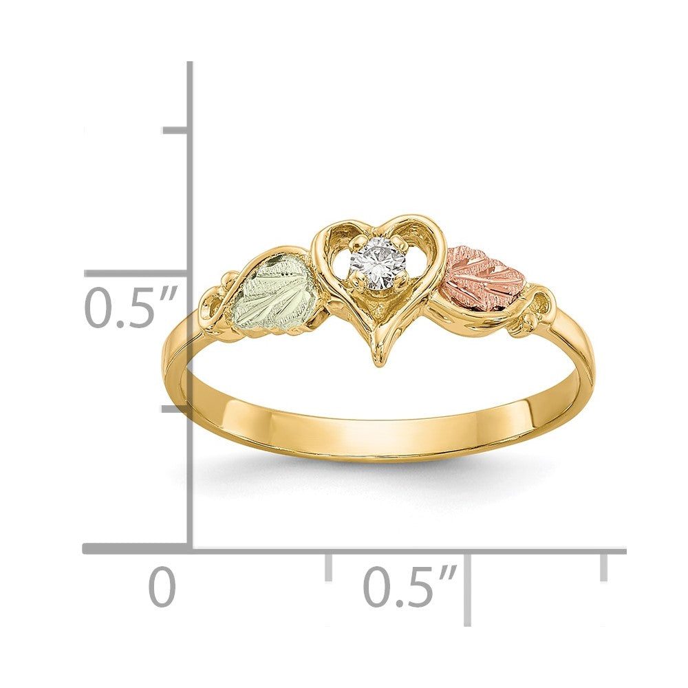 10k and 12k Tri-color Black Hills Gold 1/20 carat Diamond and Leaves Heart Ring