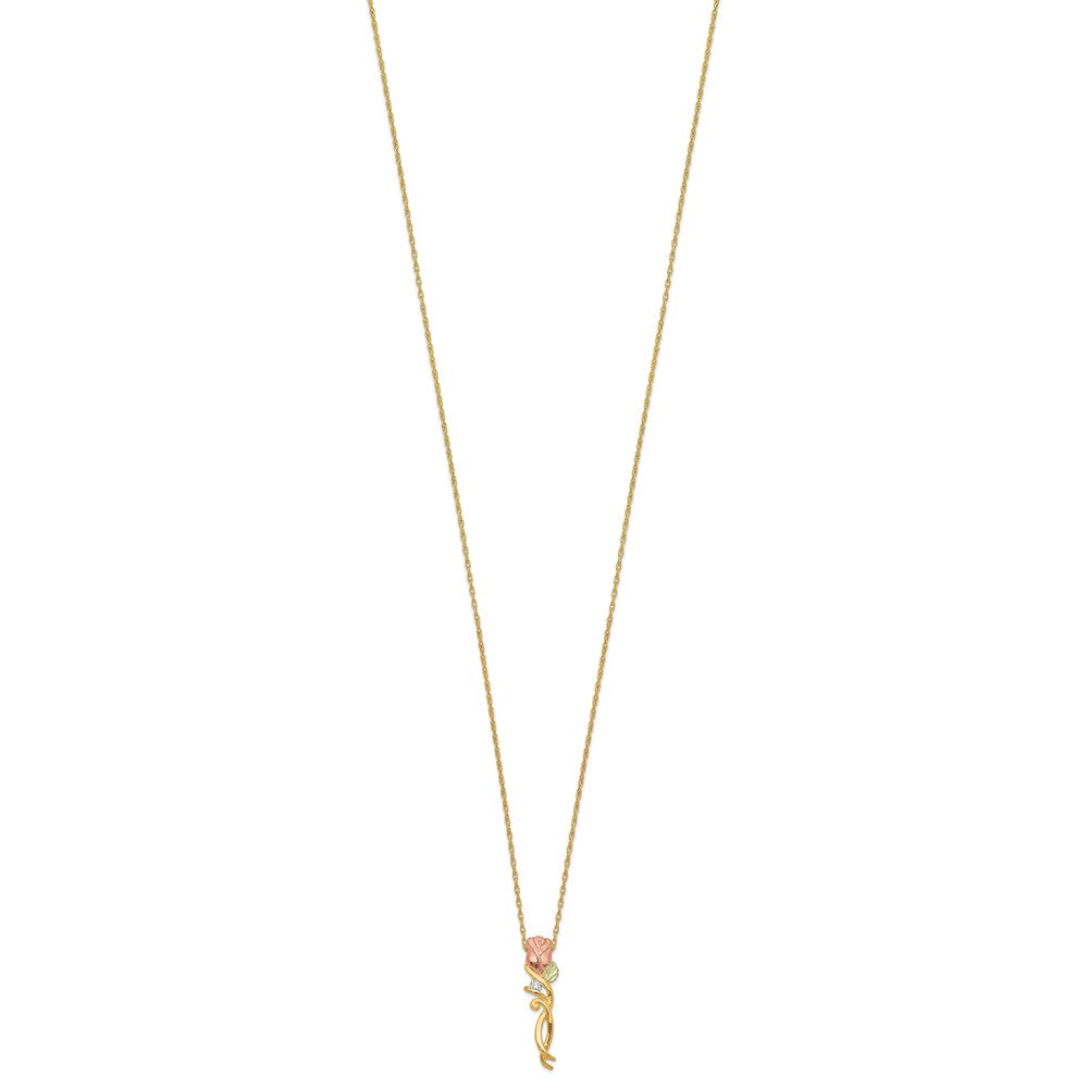 10k and 12k Tri-color Black Hills Gold 1/20 carat Diamond Long-stemmed Rose 14k Gold-filled Chain 18 inch Necklace