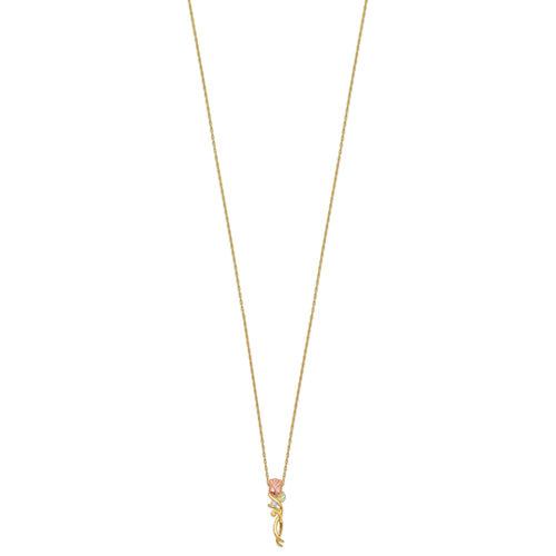 10k and 12k Tri-color Black Hills Gold 1/20 carat Diamond Long-stemmed Rose 14k Gold-filled Chain 18 inch Necklace