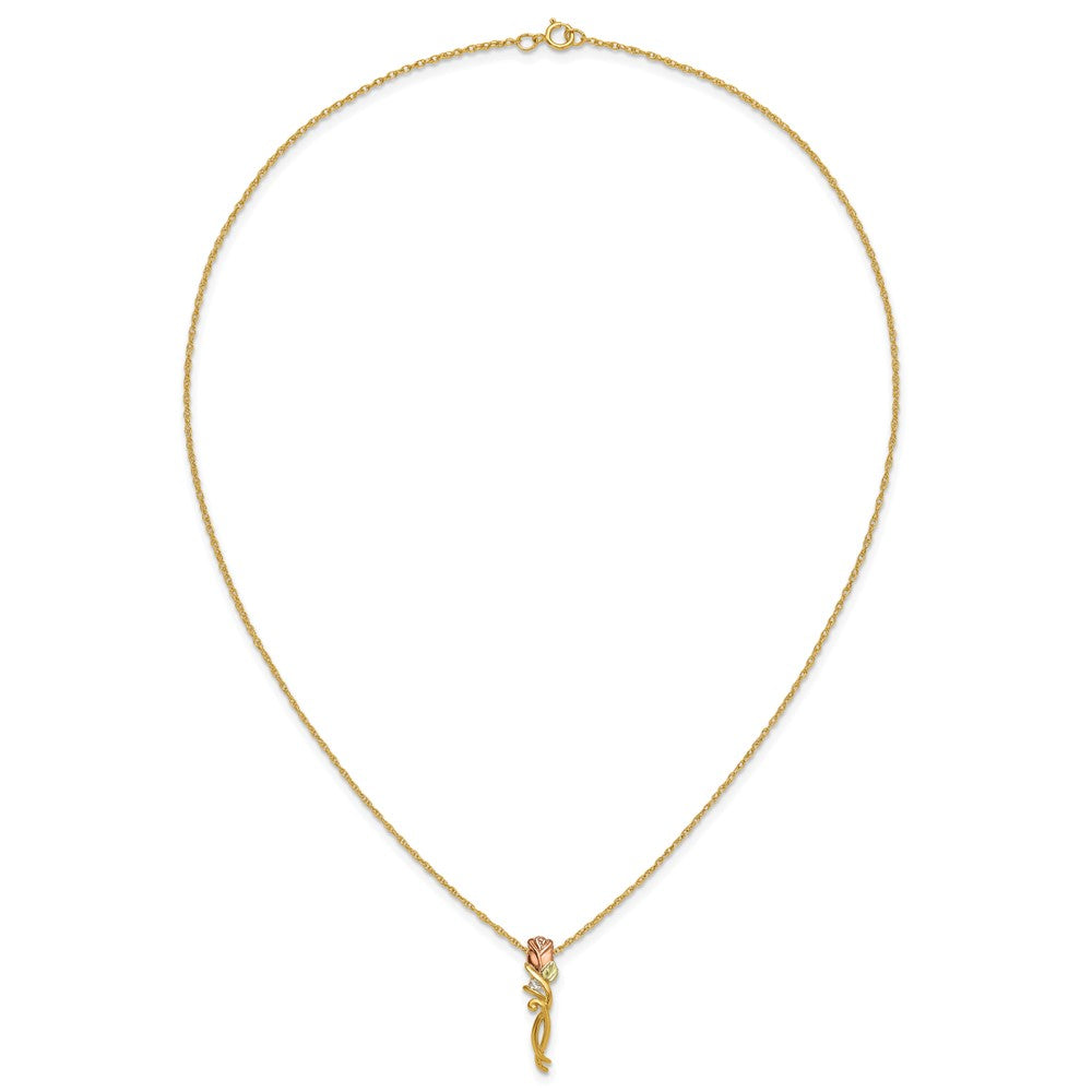 10k and 12k Tri-color Black Hills Gold 1/20 carat Diamond Long-stemmed Rose 14k Gold-filled Chain 18 inch Necklace