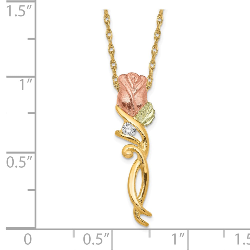 10k and 12k Tri-color Black Hills Gold 1/20 carat Diamond Long-stemmed Rose 14k Gold-filled Chain 18 inch Necklace