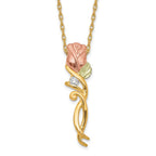 10k and 12k Tri-color Black Hills Gold 1/20 carat Diamond Long-stemmed Rose 14k Gold-filled Chain 18 inch Necklace