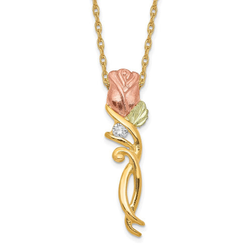 10k and 12k Tri-color Black Hills Gold 1/20 carat Diamond Long-stemmed Rose 14k Gold-filled Chain 18 inch Necklace