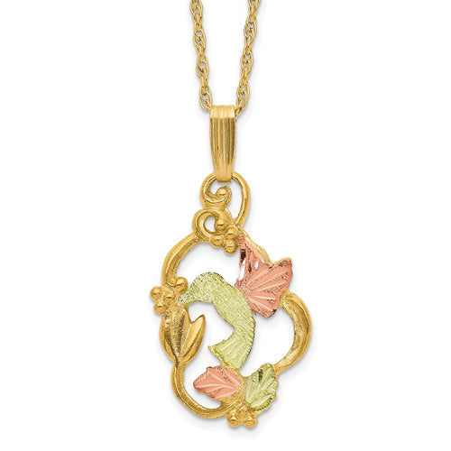 10k and 12k Tri-color Black Hills Gold Hummingbird with Flower and Leaves 14k Gold-filled Chain 18 inch Necklace