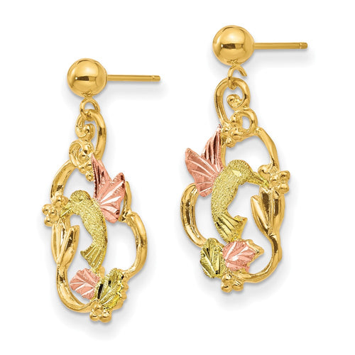 10k and 12k Tri-color Black Hills Gold Hummingbird with Flower and Leaves Dangle Post Earrings