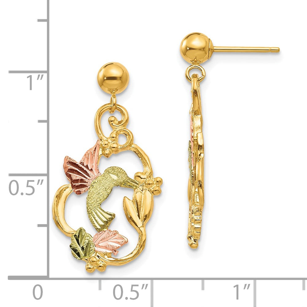 10k and 12k Tri-color Black Hills Gold Hummingbird with Flower and Leaves Dangle Post Earrings