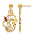 10k and 12k Tri-color Black Hills Gold Hummingbird with Flower and Leaves Dangle Post Earrings