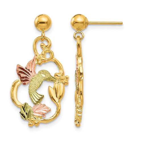 10k and 12k Tri-color Black Hills Gold Hummingbird with Flower and Leaves Dangle Post Earrings