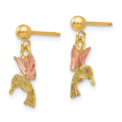 10k and 12k Tri-color Black Hills Gold Hummingbird Dangle Post Earrings