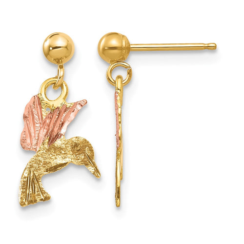 10k and 12k Tri-color Black Hills Gold Hummingbird Dangle Post Earrings