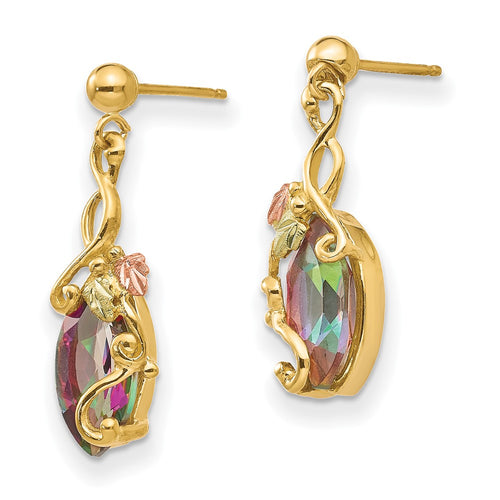 10k and 12k Tri-color Black Hills Gold Marquise Mystic Fire Topaz and Leaves Post Dangle Earrings