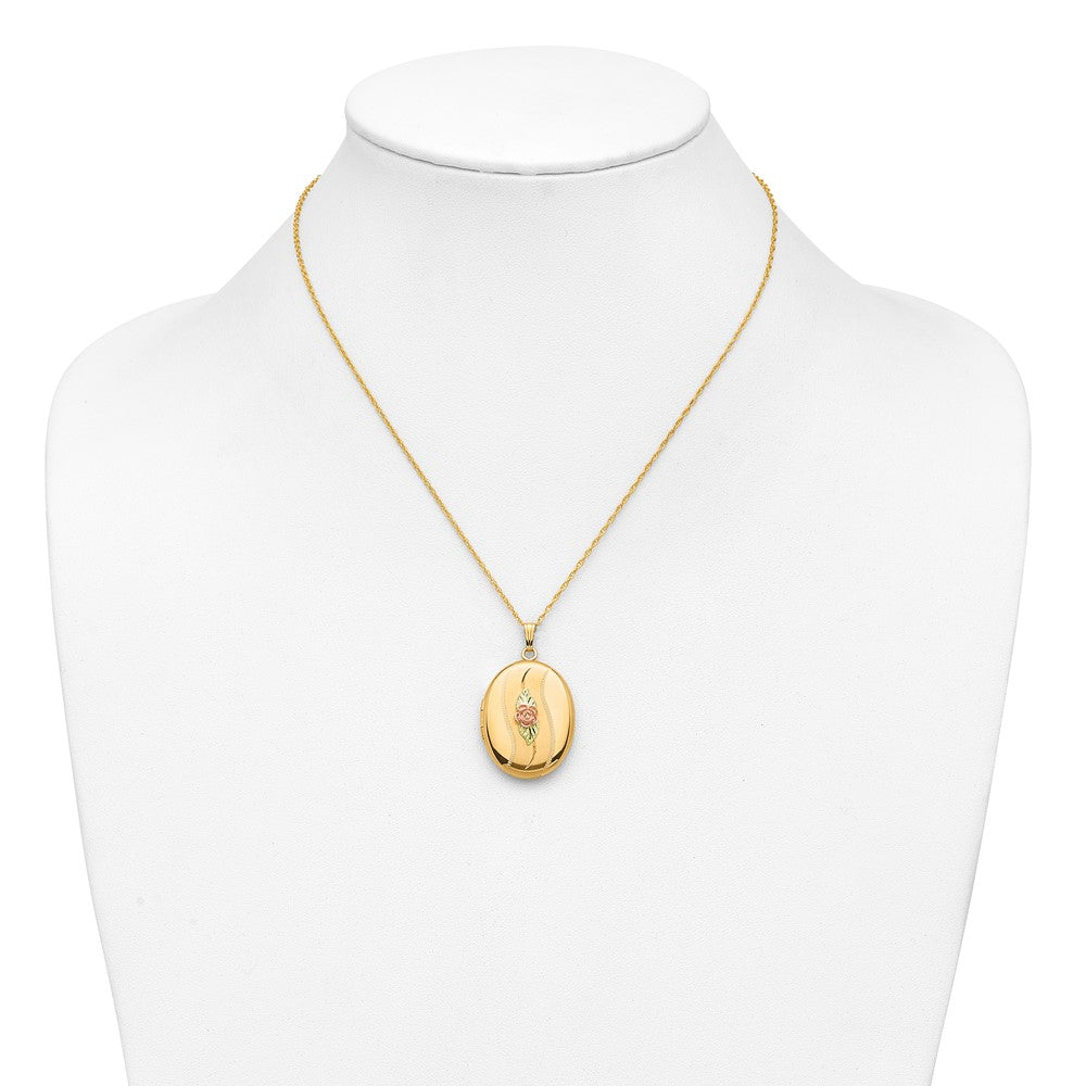 10k and 12k Tri-color Black Hills Gold 32mm Rose Oval Locket 14k Gold-filled Chain 18 inch Necklace