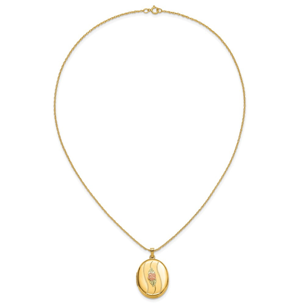 10k and 12k Tri-color Black Hills Gold 32mm Rose Oval Locket 14k Gold-filled Chain 18 inch Necklace