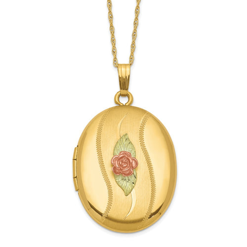 10k and 12k Tri-color Black Hills Gold 32mm Rose Oval Locket 14k Gold-filled Chain 18 inch Necklace