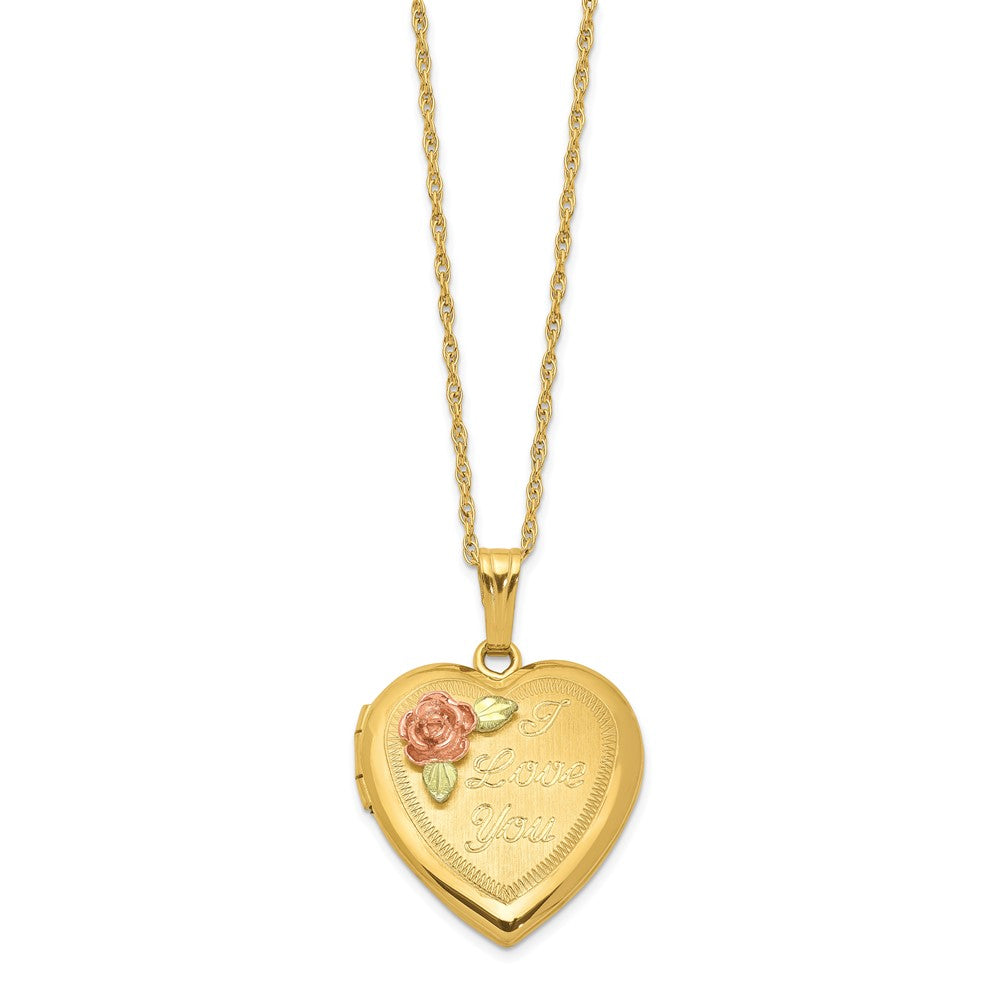 10k and 12k Tri-color Black Hills Gold 18mm I LOVE YOU with Rose Heart Locket 14k Gold-filled Chain 18 inch Necklace