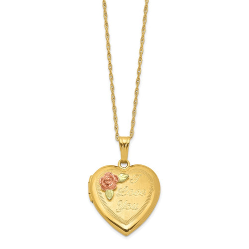 10k and 12k Tri-color Black Hills Gold 18mm I LOVE YOU with Rose Heart Locket 14k Gold-filled Chain 18 inch Necklace