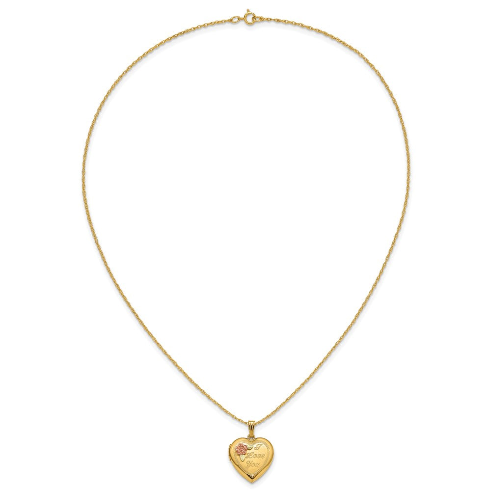 10k and 12k Tri-color Black Hills Gold 18mm I LOVE YOU with Rose Heart Locket 14k Gold-filled Chain 18 inch Necklace