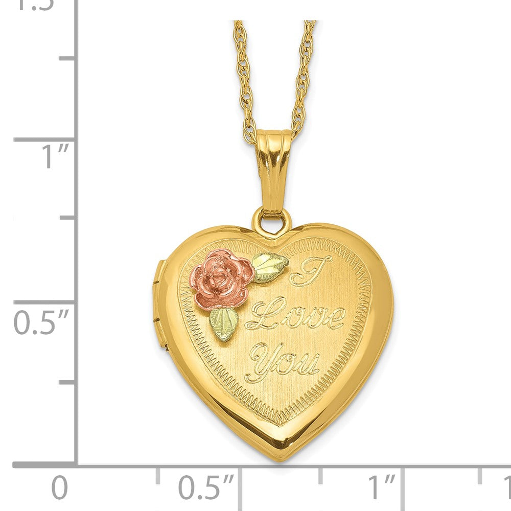 10k and 12k Tri-color Black Hills Gold 18mm I LOVE YOU with Rose Heart Locket 14k Gold-filled Chain 18 inch Necklace
