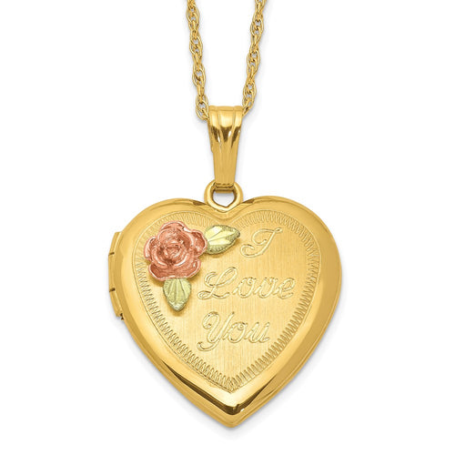 10k and 12k Tri-color Black Hills Gold 18mm I LOVE YOU with Rose Heart Locket 14k Gold-filled Chain 18 inch Necklace