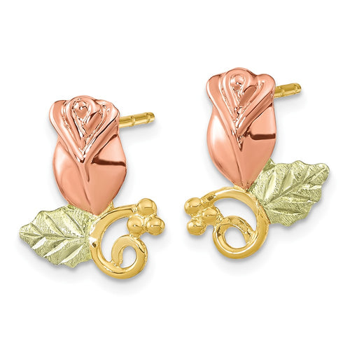 10k and 12k Tri-color Black Hills Gold Rosebud and Leaf Post Earrings
