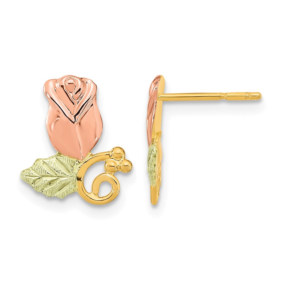 10k and 12k Tri-color Black Hills Gold Rosebud and Leaf Post Earrings
