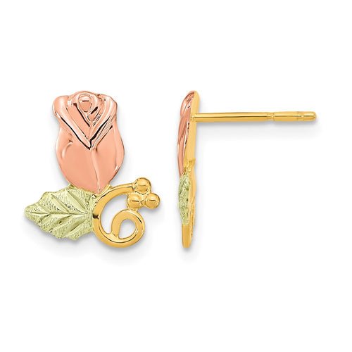 10k and 12k Tri-color Black Hills Gold Rosebud and Leaf Post Earrings