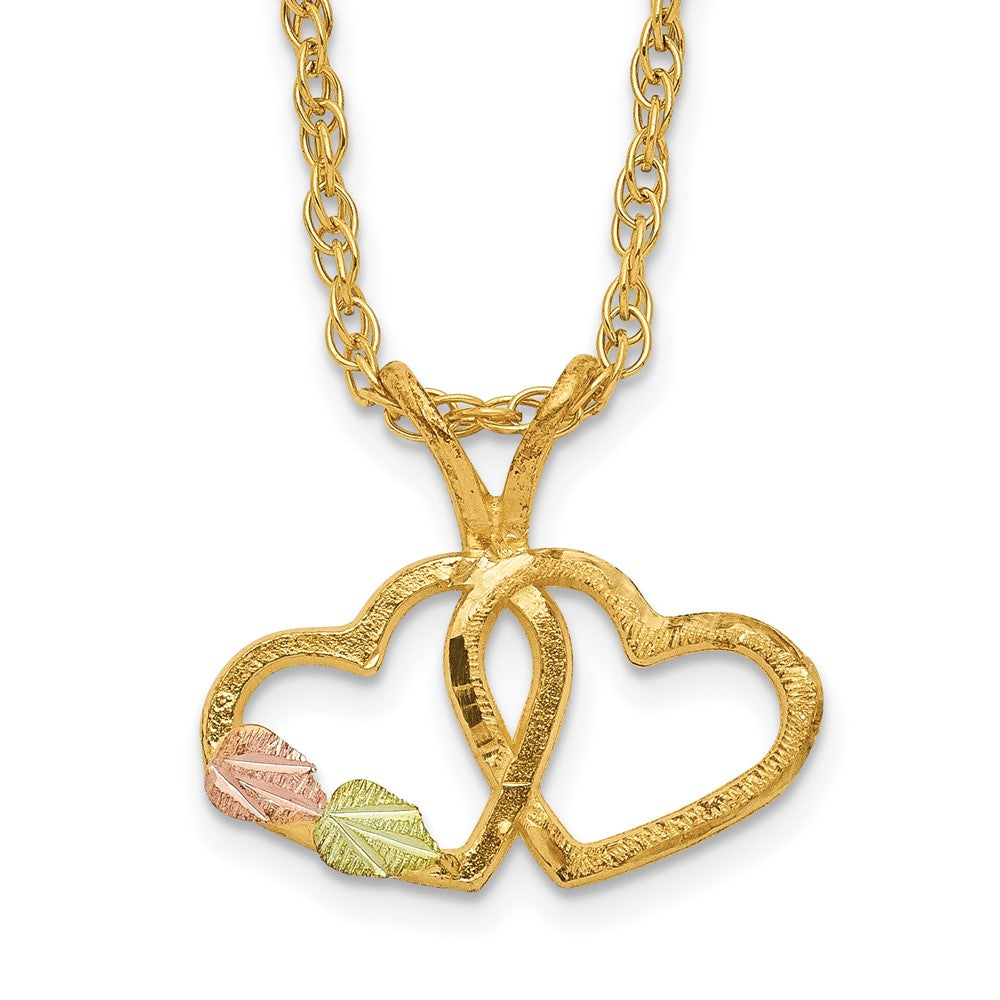 10k and 12k Tri-color Black Hills Gold Double Heart and Leaves 14k Gold-filled Chain 18 inch Necklace