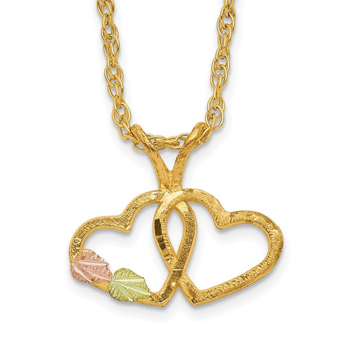 10k and 12k Tri-color Black Hills Gold Double Heart and Leaves 14k Gold-filled Chain 18 inch Necklace