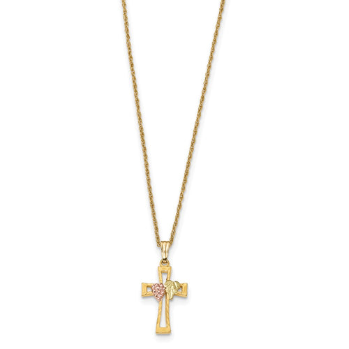 10k and 12k Tri-color Black Hills Gold Grapes and Leaf on Cross 14k Gold-filled Chain 18 inch Necklace