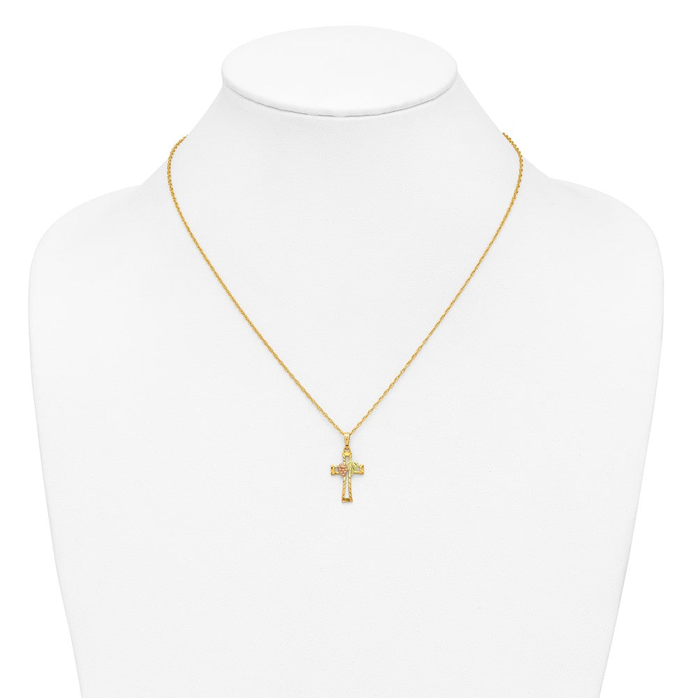 10k and 12k Tri-color Black Hills Gold Grapes and Leaf on Cross 14k Gold-filled Chain 18 inch Necklace