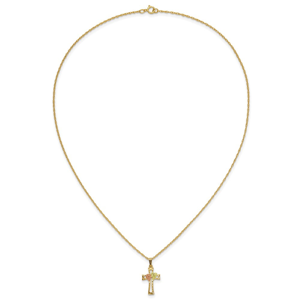 10k and 12k Tri-color Black Hills Gold Grapes and Leaf on Cross 14k Gold-filled Chain 18 inch Necklace