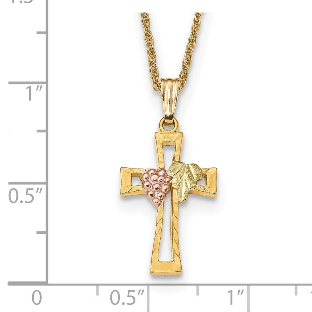 10k and 12k Tri-color Black Hills Gold Grapes and Leaf on Cross 14k Gold-filled Chain 18 inch Necklace