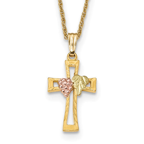 10k and 12k Tri-color Black Hills Gold Grapes and Leaf on Cross 14k Gold-filled Chain 18 inch Necklace