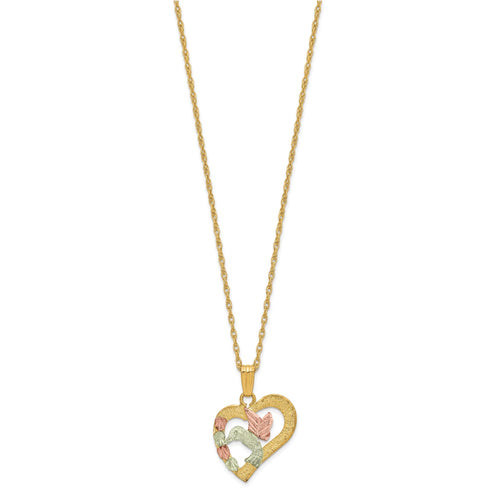 10k and 12k Tri-color Black Hills Gold Hummingbird in Heart 14k Gold-filled Chain 18 inch Necklace