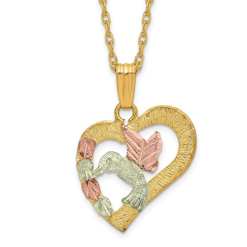 10k and 12k Tri-color Black Hills Gold Hummingbird in Heart 14k Gold-filled Chain 18 inch Necklace