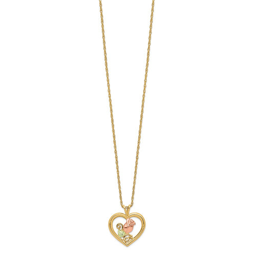 10k and 12k Tri-color Black Hills Gold Rosebud and Leaf in Heart 14k Gold-filled Chain 18 inch Necklace