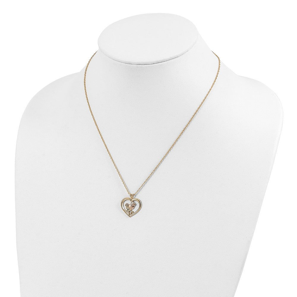 10k and 12k Tri-color Black Hills Gold Rosebud and Leaf in Heart 14k Gold-filled Chain 18 inch Necklace