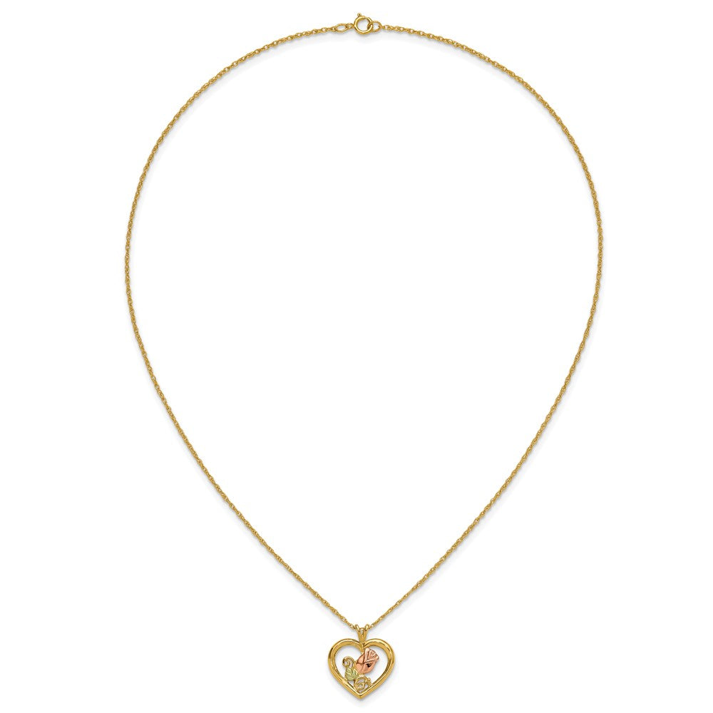 10k and 12k Tri-color Black Hills Gold Rosebud and Leaf in Heart 14k Gold-filled Chain 18 inch Necklace
