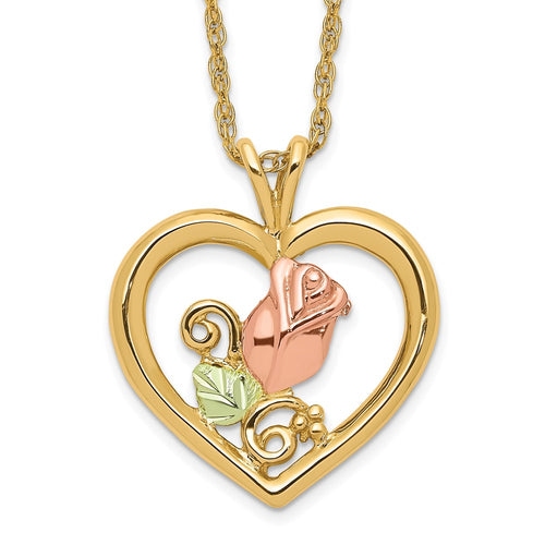 10k and 12k Tri-color Black Hills Gold Rosebud and Leaf in Heart 14k Gold-filled Chain 18 inch Necklace