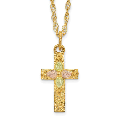 10k and 12k Tri-color Black Hills Gold Leaves on Cross 14k Gold-filled Chain 18 inch Necklace