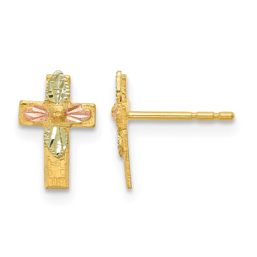 10k and 12k Tri-color Black Hills Gold Leaves on Small Cross Post Earrings