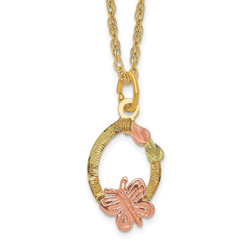 10k and 12k Tri-color Black Hills Gold Butterfly and Leaves on Oval 14k Gold-filled Chain 18 inch Necklace