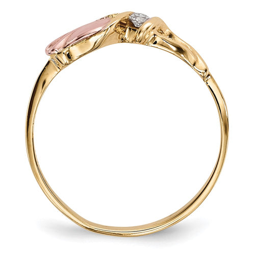 10k and 12k Tri-color Black Hills Gold 1/20 carat Diamond Rosebud and Leaf Ring