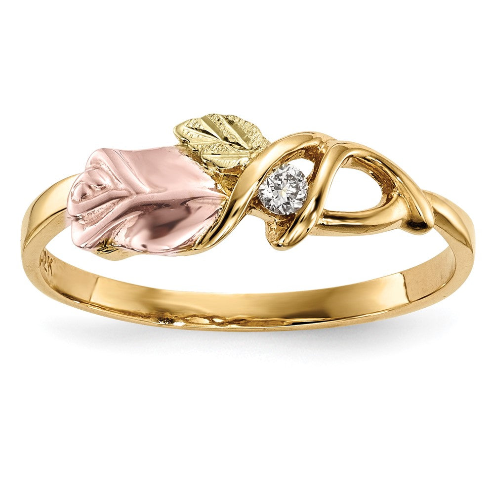 10k and 12k Tri-color Black Hills Gold 1/20 carat Diamond Rosebud and Leaf Ring