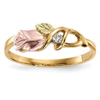 10k and 12k Tri-color Black Hills Gold 1/20 carat Diamond Rosebud and Leaf Ring