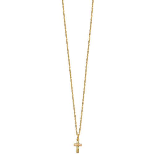 10k and 12k Tri-color Black Hills Gold Leaves on Small Cross 14k Gold-filled Chain 18 inch Necklace