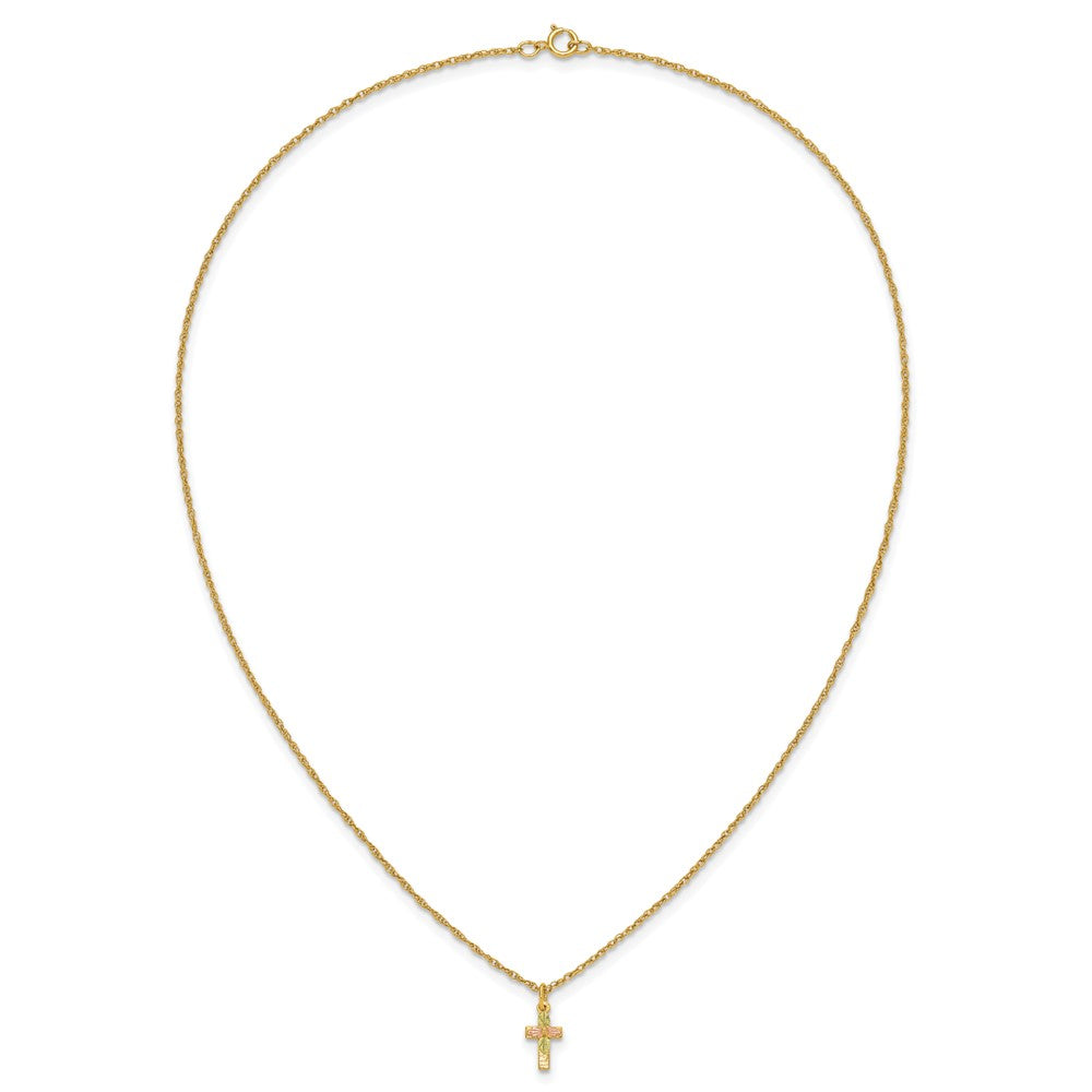 10k and 12k Tri-color Black Hills Gold Leaves on Small Cross 14k Gold-filled Chain 18 inch Necklace