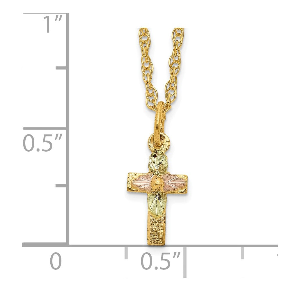 10k and 12k Tri-color Black Hills Gold Leaves on Small Cross 14k Gold-filled Chain 18 inch Necklace