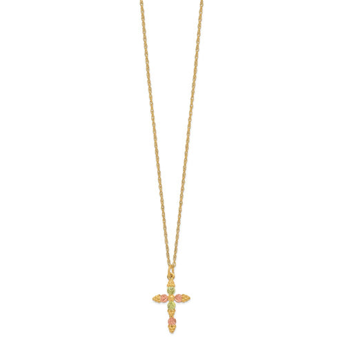 10k and 12k Tri-color Black Hills Gold Grapes and Leaves Cross 14k Gold-filled Chain 18 inch Necklace
