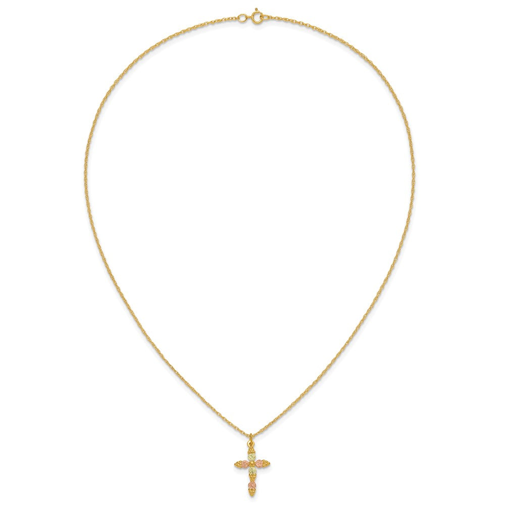 10k and 12k Tri-color Black Hills Gold Grapes and Leaves Cross 14k Gold-filled Chain 18 inch Necklace